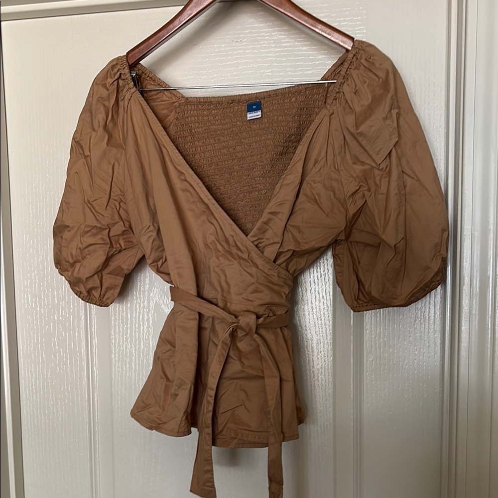 Camel Puff Sleeve Wrap Top
